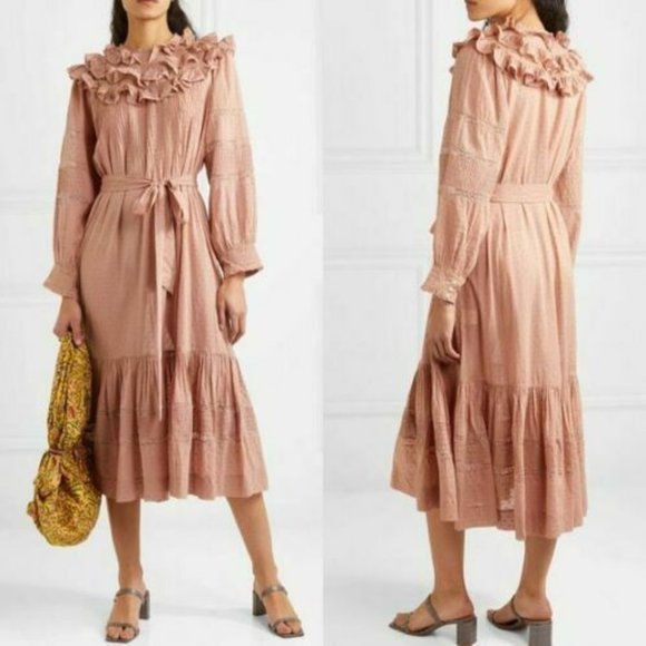 Doen Avena Ruffled Lace Trimmed Swiss Dot Midi Dress Small S